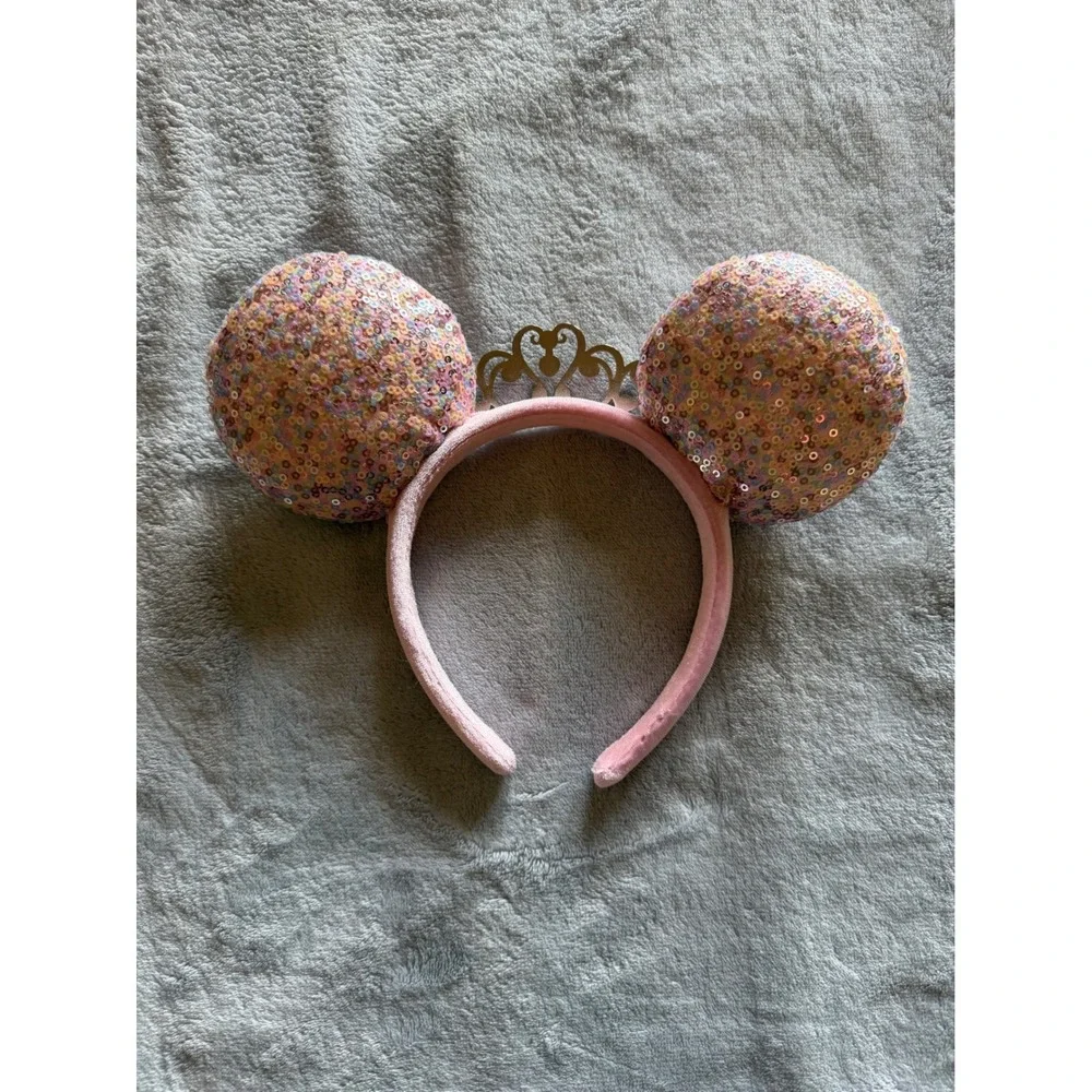 Pink Sequin Mickey Mouse Ears Princess Tiara Crown Headband Pastel - I248